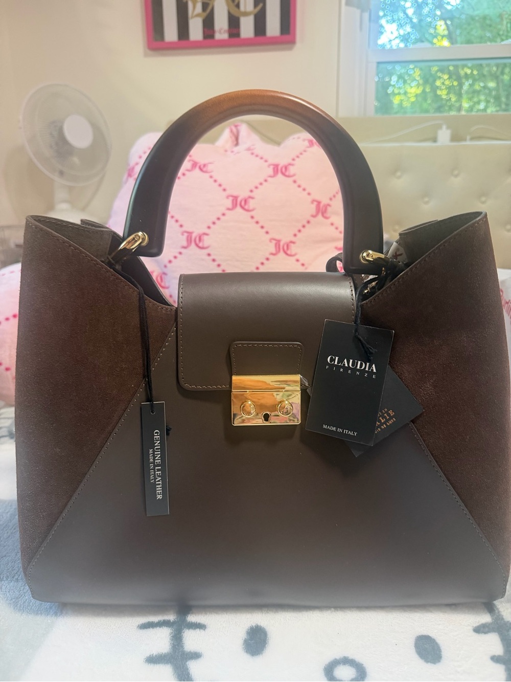 Claudia Brown Leather & Suede Top-Handle Satchel/Crossbody